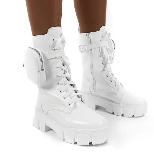 Kvinnliga Pocket Lace Up Boots Spänne Strap Chunky Pouch Ankel V White 35