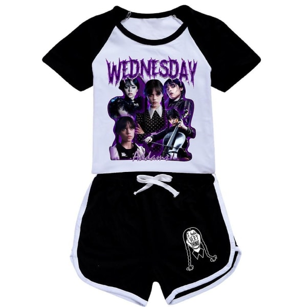 Onsdag Addams Printed Barn Flickor Träningsoverall Set Kortärmad T-shirt Shorts Casual Loungewear Pyjamas Outfits W Black 13-14 Years
