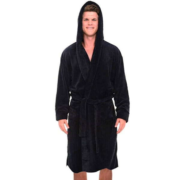 Mænd langærmet badekåbe med blød loungebadetøjsfrakke - Black 2XL