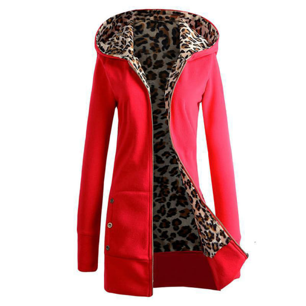 Vinter Kvinnor Hooded Thickened Plus Fleece Leopard Sweater Jacka Red 2xl