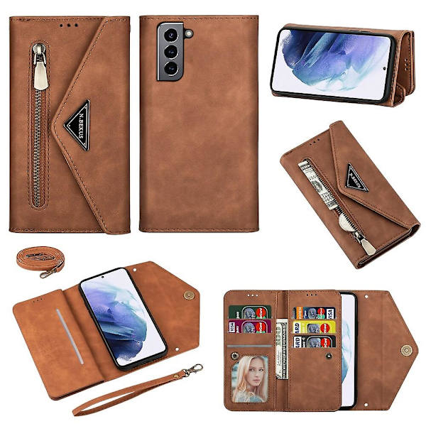 Yhteensopiva Samsung Galaxy S21 Plus 5g kotelon kanssa Irrotettava olkahihna-kaulahihna Lanyard-kotelo Vetoketju Kotelo Olkahihna 6 korttitaskulla Kansi Premium P Brown