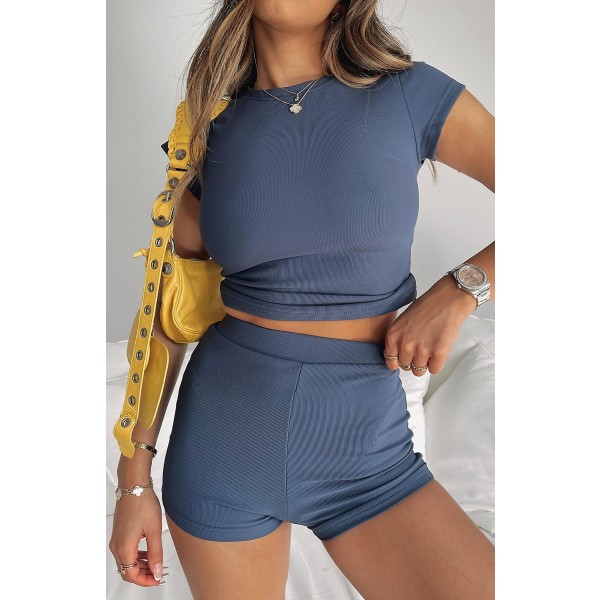 2023 Uusi kuuma naisten 2-osainen Co Ord -setti Crop Top Shortsit Housut Joggersit Kuntosali Urheiluharjoituspuvut Grey Blue L