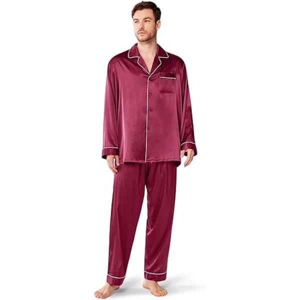 Pyjamas i silkesatin til mænd, dampet ærme PJ sæt med knapper og sovetøj med lommer wine red l