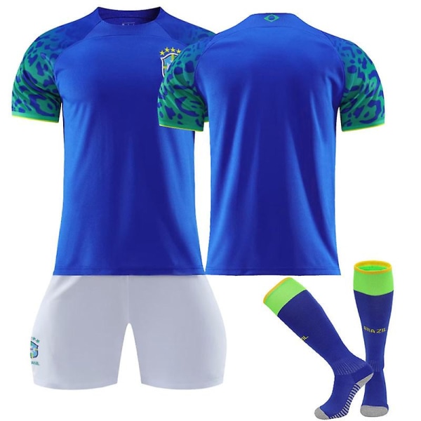 VM 2022-2023 Brasilien Borta Barn Vuxen Blå tröja Set med strumpor - UNNUMBERED Kids 16(90-100CM)