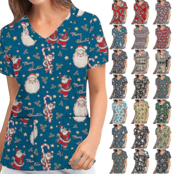 Jul Kvinde Ammeuniform Scrub Kortærmet T-shirt Xmas Bluse Tee Tops V-udskæring Brick Red XL