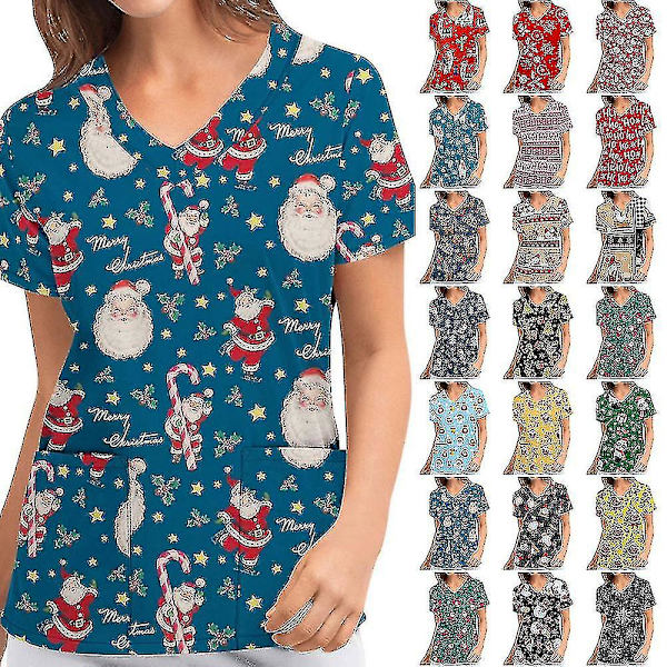 Jul Kvinner Ammeuniform Skrubb Kortærmet T-skjorte Xmas Bluse Tee Topper V-ringet Dark Red M