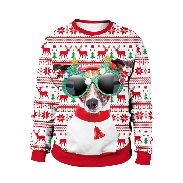 Jultröja Vinter Höst Crew Neck Toppar Sweatshirt Med Ren Santa Printed Dog L