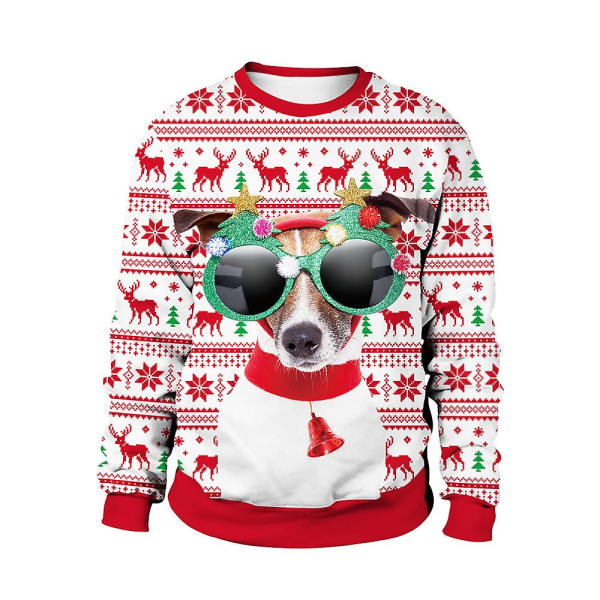 Jultröja Vinter Höst Crew Neck Toppar Sweatshirt Med Ren Santa Printed W Dog XL