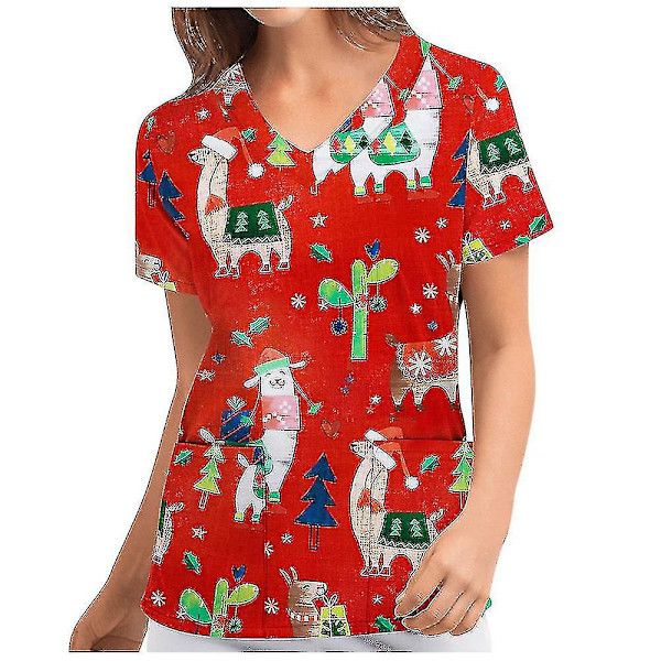 Jul Kvinner Ammeuniform Skrubb Kortærmet T-skjorte Xmas Bluse Tee Topper V-ringet Brick Red L