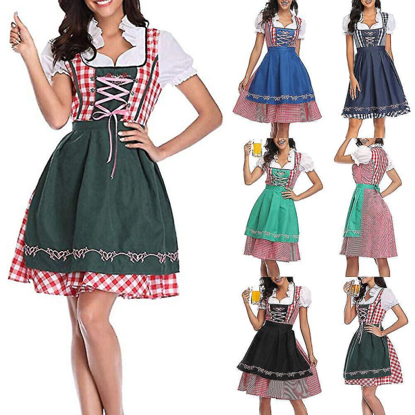 Kvinnors Oktoberfest Beer Maid Costume Bavarian Traditional Dirndl Dress Carnival CNMR Dark Green S Denim Blue Check L