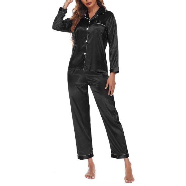 Kvinner Pyjamas Sett Sleepwear Pyjamas Button Casual Sett Black S