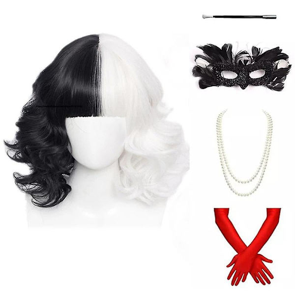 Cruella de Vil kort krøllet halv sort og halv hvit cosplay parykk