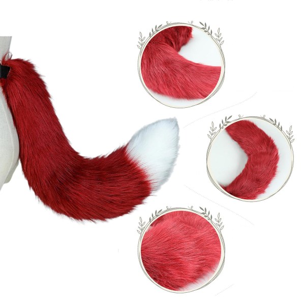 Flexible Faux Fur Cat Costume Tail Cosplay Halloween Christmas Party Costumes V Wine red and white
