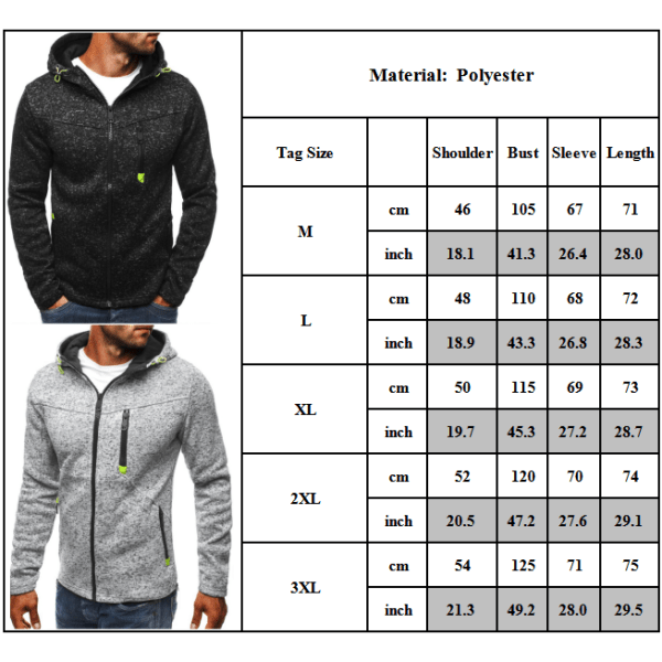 Herrejakke Casual Hoodies Sweatshirt Ångærmad Zip Up Coat W Black Grey L
