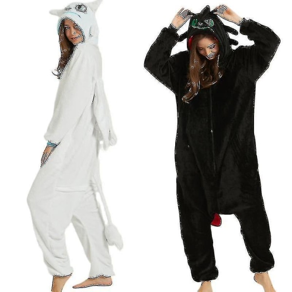 Tannløs drage Hvit Svart Onesie Voksen unisex flanellpyjamas Anime Cosplay Tren din natt Fury Soveklær V Yz Black 125  131*140cm