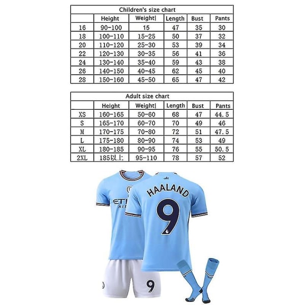 22-23 Ny sæson Manchester City nr 9 Haaland Jersey Dragt Voksen Børn Fodbold Trøjer 16(90-100CM)