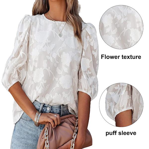 Bubble Sleeve chiffong lös topp Skjorta med blommig textur（vit） V M