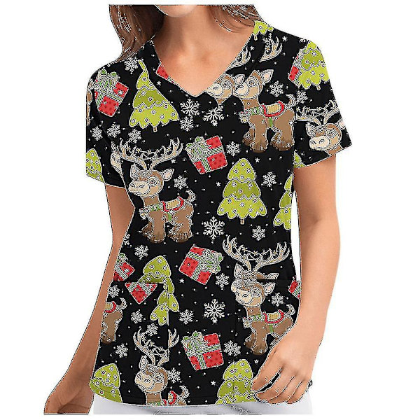Jul Kvinner Ammeuniform Skrubb Kortærmet T-skjorte Xmas Bluse Tee Topper V-ringet Fluorescent Green XL