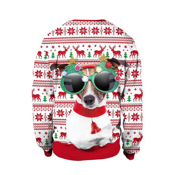 Julgenser Vinter Høst Crew Neck Topper Sweatshirt ed Ren Santa Printed W Dog M