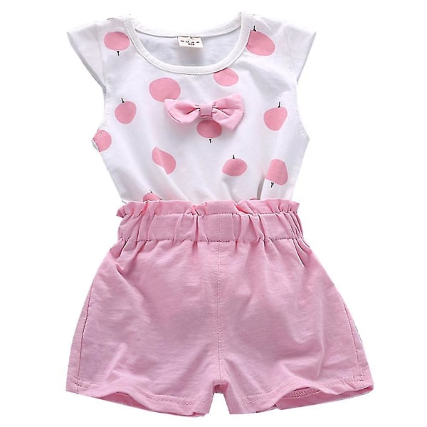 Baby Kids Girl Summer Outfit Bow T-shirt Top Shorts Casual Clothing Set W Pink 18-24 Months