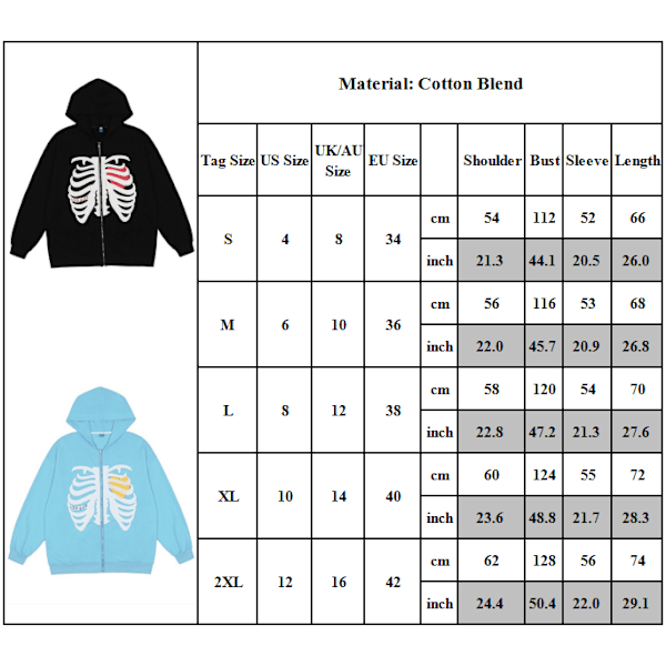 Skulls Print Oversized Jackor Coat Zip Up Hoodies Sweatshirt white M