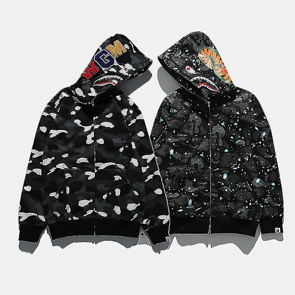 Shark Head Camo Hoodie Herre Langærmet Zip Up Sweatshirt Hip Hop Casual Tynd Jakke - B M