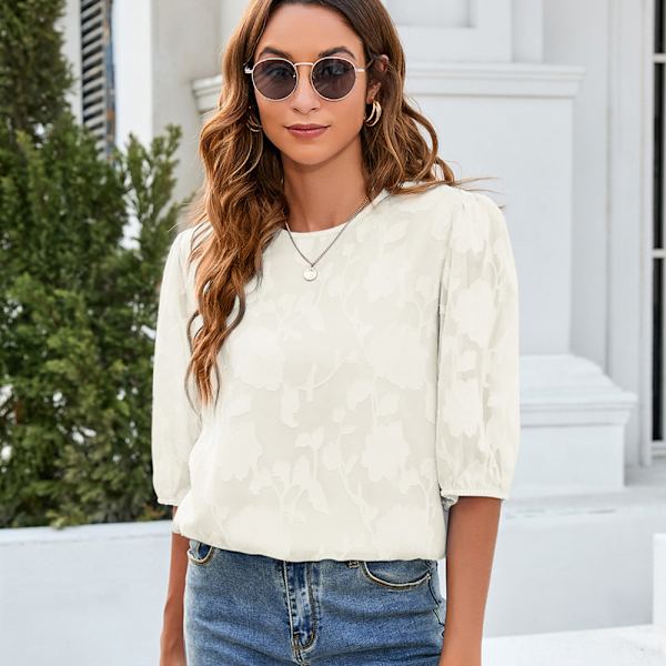 Bubble Sleeve chiffong lös topp Skjorta med blommig textur（vit） V XL