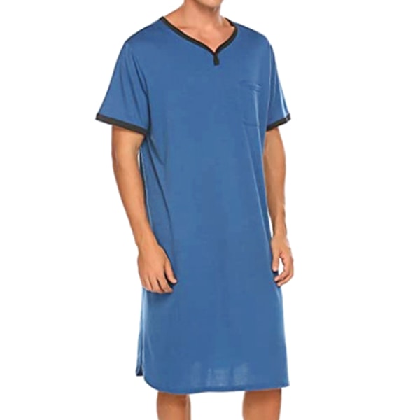 Herr kortärmade långa nattskjortor Nightdress Pyjamas inomhus Royal blue M