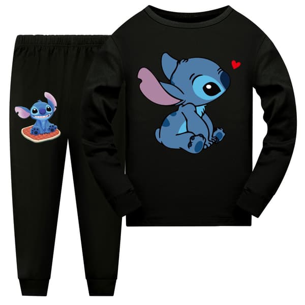 2st Barn Pyjamas Stitch Langærmet Pullover Sett Nattklær - svart black 160cm