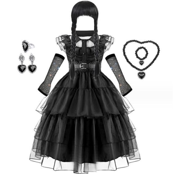 Wednesday Addams tyttöjen musta mekko ilmaisilla asusteilla 130CM