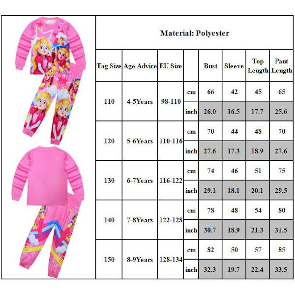 Prinsessa Peach -asu Barns långärmade byxor Set 140cm