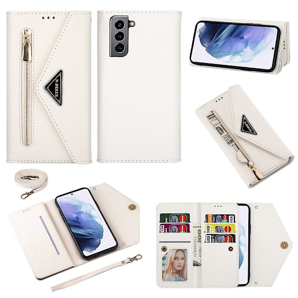 Kompatibel med Samsung Galaxy S21 Plus 5g etui Avtakbar Crossbody-halsrem Lanyard-etui Glidelås Etui Skulderrem med 6 kortlommer Cover Premium P White
