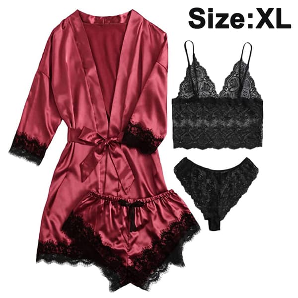 4 delar dam satin blommor spets Cami Top Underkläder Pyjamas