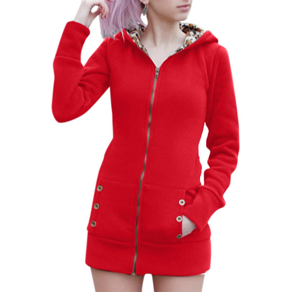Vinter Kvinnor Hooded Thickened Plus Fleece Leopard Sweater Jacka Red 2xl