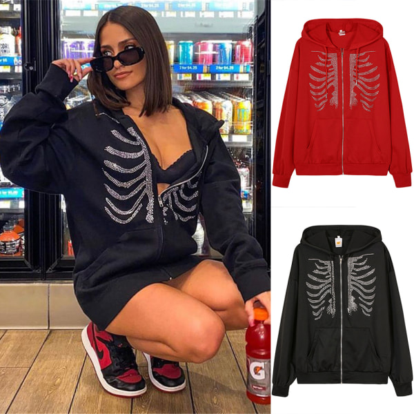 Unisex Zip Oversized Rhinestone Skull Hoodie Sweatshirt Jakke - red L