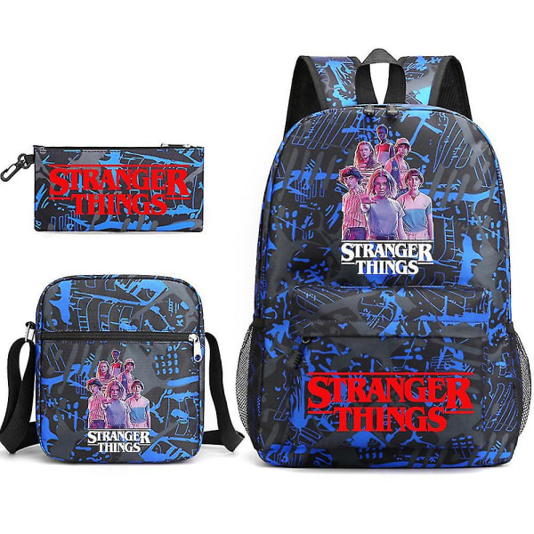 Stranger Things Ryggsäck Tredelad set Student skolväska Canvasväska Y W Blue Pattern