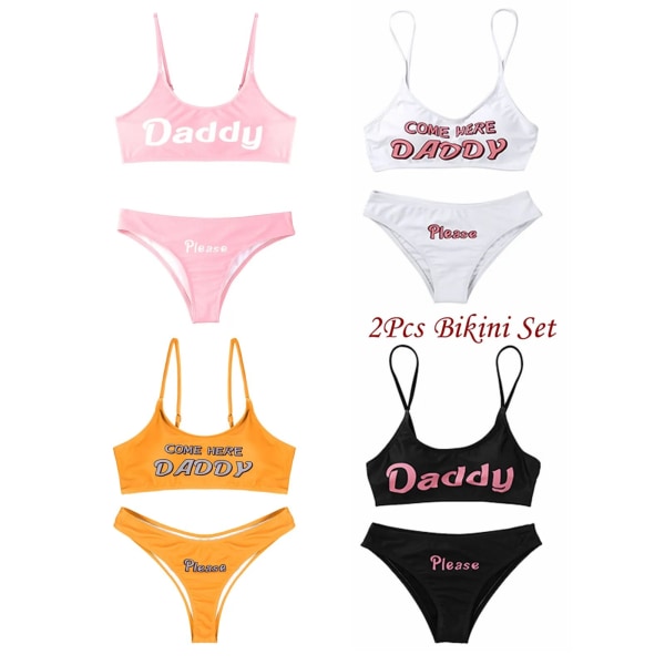 Womens Bikinis Sexy Lingerie Set Swimsuit Yes Daddy Letter ini Camisole Bra Tops & Briefs Underwear Woman Anime Cosplay Costume Beige M