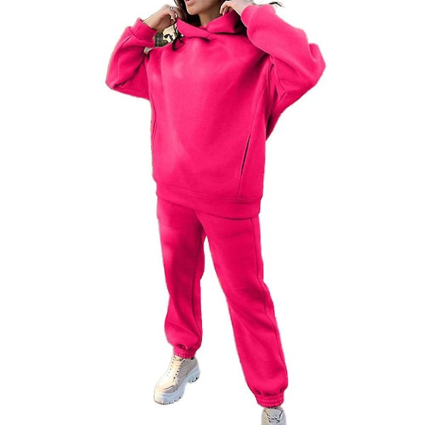 Dam Lös träningsoverall Set Fleece Huvtröja Byxor Casual Sport Suit V Rose Red M