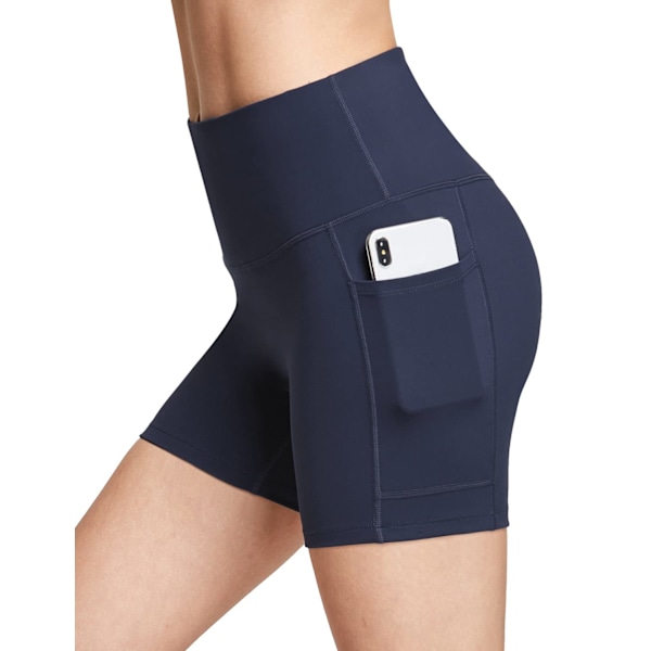 Kvinde cykelshorts med høj talje til træning, yoga, løb, fitness, spandex-shorts med sidelommer (M sort)