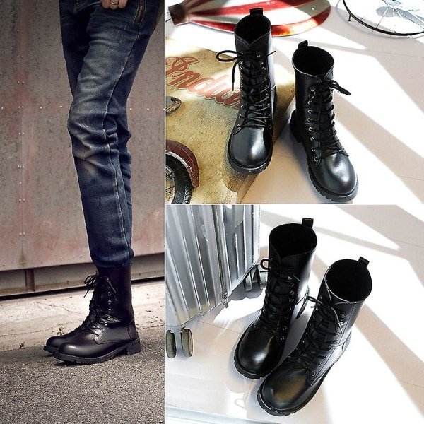 Snørebånd Pu Læderstøvler Kvinder Blok Hæl Mid Calf Støvler Gothic Punk Lav Hæl Støvler V 36