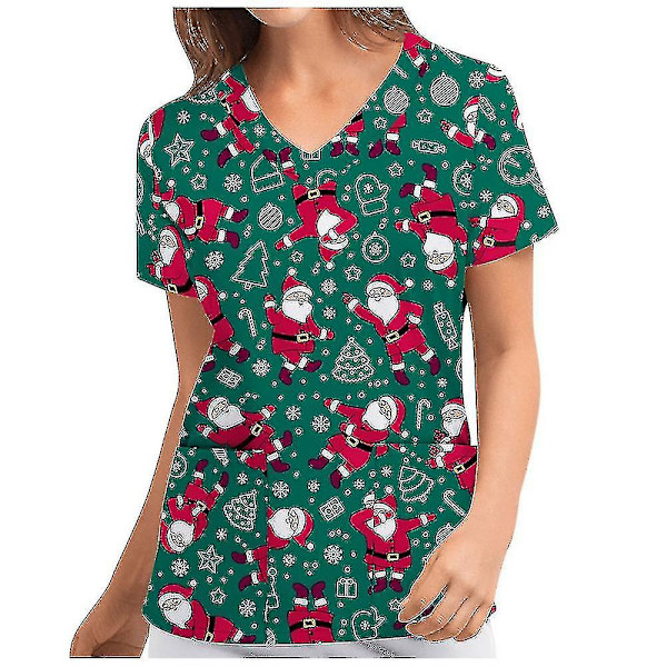 Jul Kvinner Ammeuniform Skrubb Kortærmet T-skjorte Xmas Bluse Tee Topper V-ringet Green XL