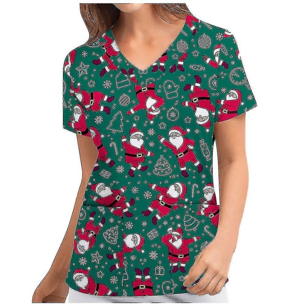 Jul Kvinnor Amningsuniform Scrub Kortärmad T-shirt Xmas Blus Tee Tops V-ringad Green M