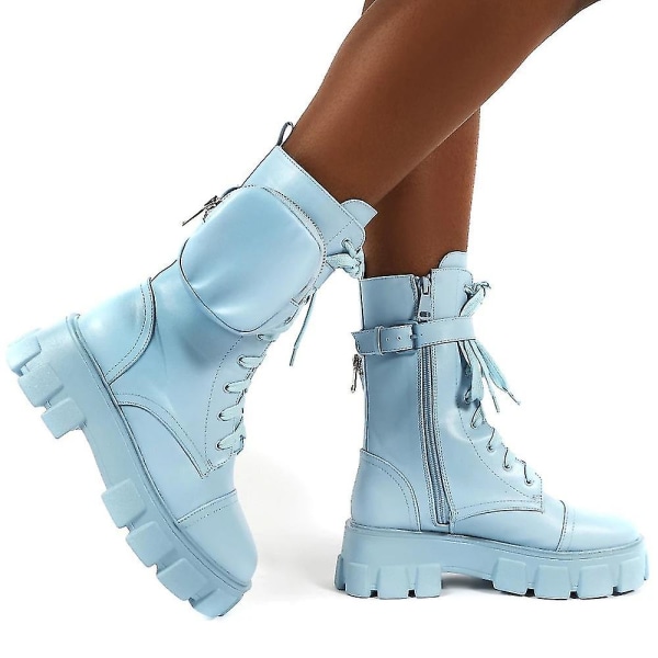 Kvinnelige Pocket Lace Up Boots Spenne Rem Chunky Pouch Ankel V Sky Blue 35