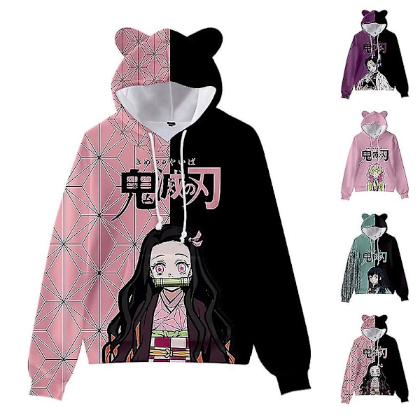 Unisex Demon Slayer printed hoodies sweatshirt Casual Pullover Cat Ear Hooded jumper Toppar Black V Black 2XL