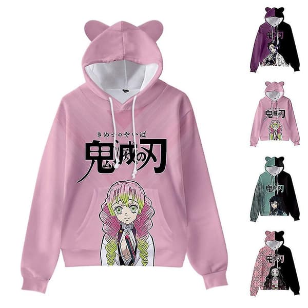 Unisex Demon Slayer trykte hettegenser Casual Pullover Kattøre hettegenser Topper Rosa V Pink L