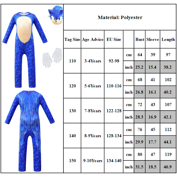 Sonic The Hedgehog Cosplay kostymkläder för barn, pojkar, flickor Jumpsuit + Mask + Handskar 7-8 år = EU 122-128