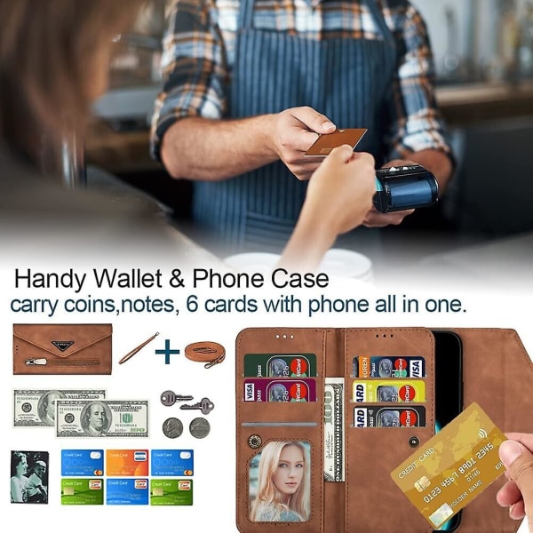 Yhteensopiva Samsung Galaxy S21 Plus 5g kotelon kanssa Irrotettava olkahihna-kaulahihna Lanyard-kotelo Vetoketju Kotelo Olkahihna 6 korttitaskulla Kansi Premium P Brown