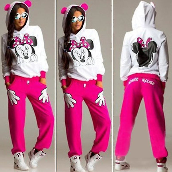 Hmwy-kvinnor Mickey Minnie träningsoverall hoodie joggingbyxor set Rose Red Minnie Mouse XL