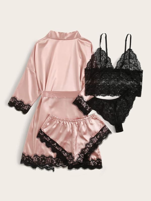 Damer 4 dele Satin Blomster Blonde Cami Top Underkläder Pyjamas Sæt med Robe W