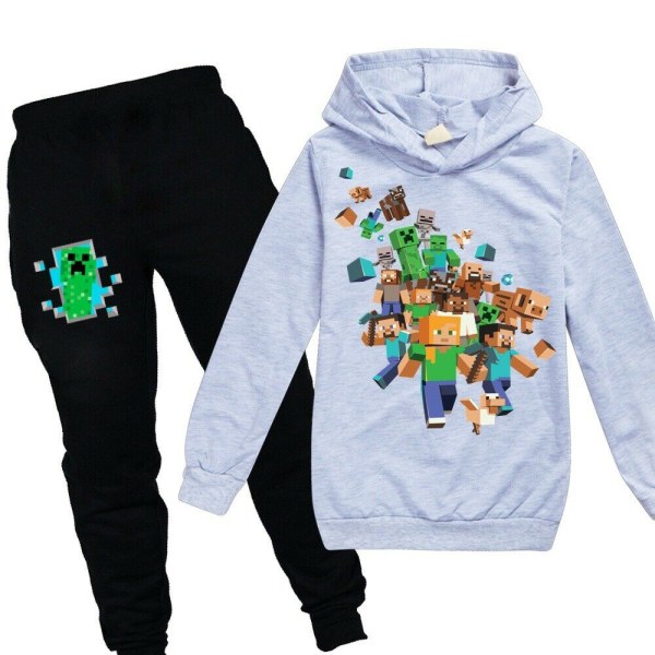 Minecraft Kids Hoodies Träningsoverall Set Huvtröja + Byxor Jumper Suit Grey 130cm